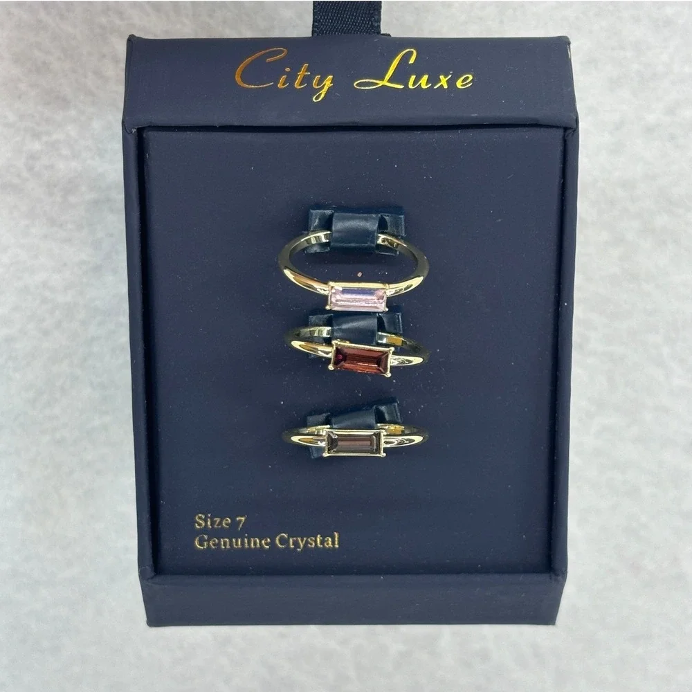 City Luxe Gold Plated Ring Set Size 7 Genuine Crystal Baguette Stackable - Picture 2 of 4
